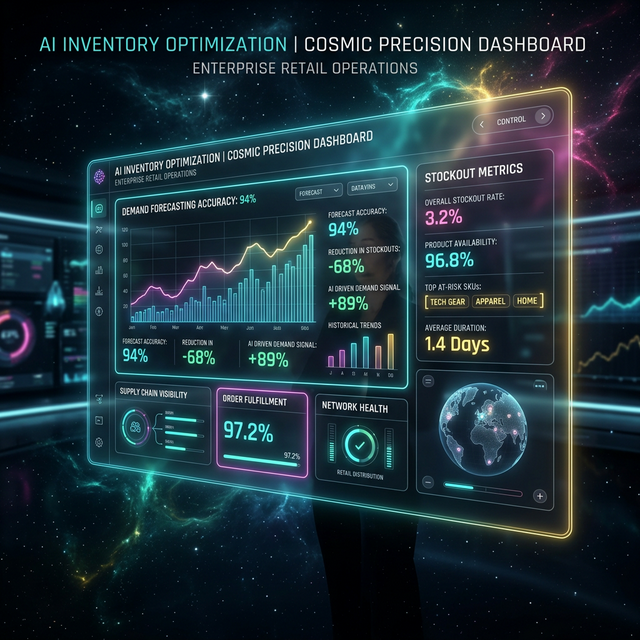 AI inventory management system dashboard showing demand forecasting accuracy and stockout metrics